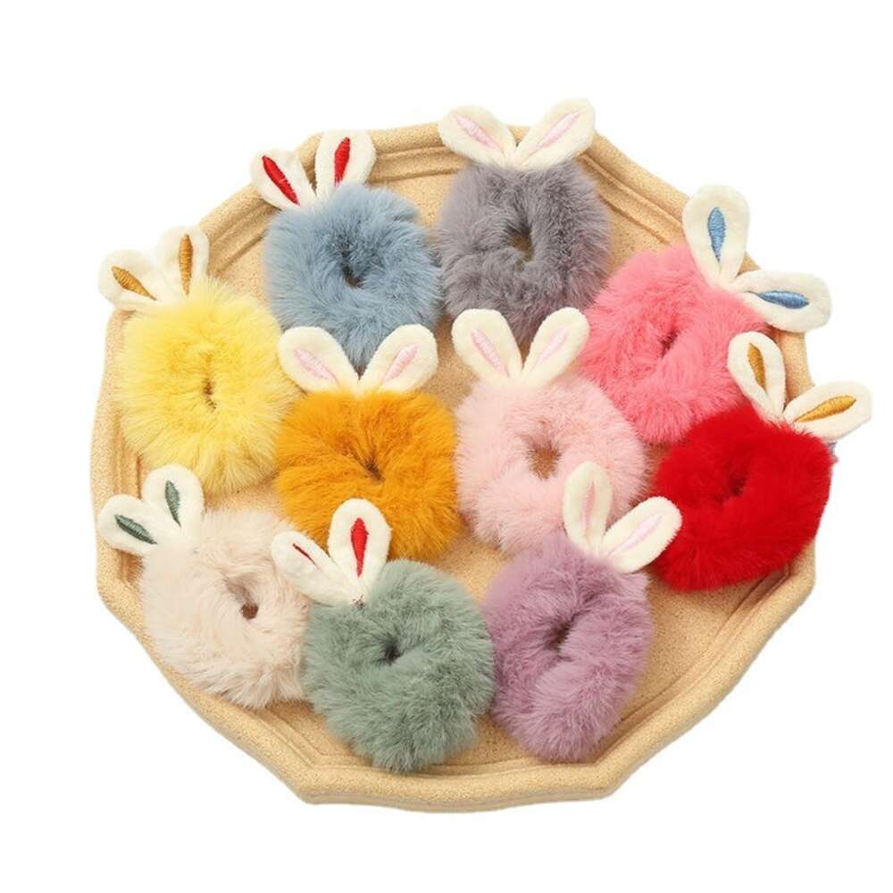 Autumn and Winter New Korean Cute Tie Hair Leather Plush Rabbit Ears Horsetail Head rope Children's High Elastic Hair Loop