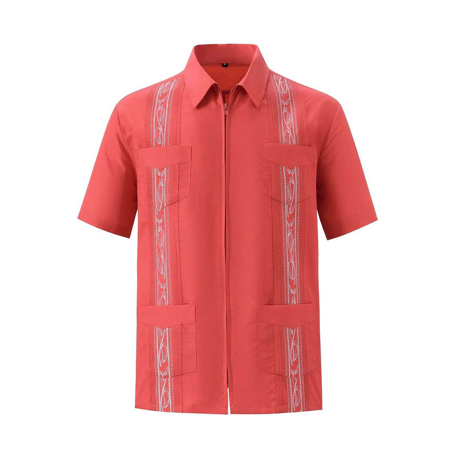 Men's Casual Shirts Men's Short Sleeve Cuban Guayabera Shirts Full Zip Front Mexican Shirt With Pocket Short Sleeve T Shirts for Men J240129