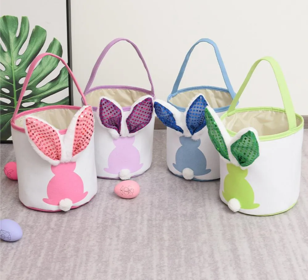 LED Light Flashing Sequin Bunny Easter Handbag Rabbit Egg Basket Hunt Bags Canvas Cotton Bucket Tote With Fluffy Tail For Kids Party Decoration Fy8648