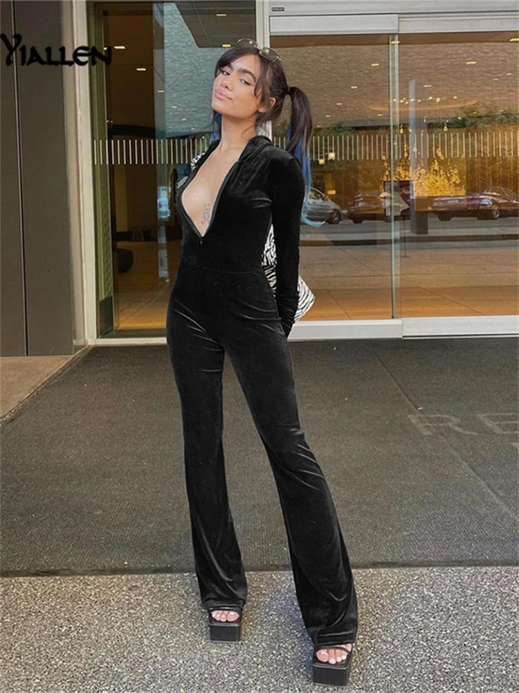 Yiallen Autumn Solid Fashion Slim Jumpsuits Women Hooded Long Sleeve Zipper Street Casual Lady Black Long Phant Rompers 240129
