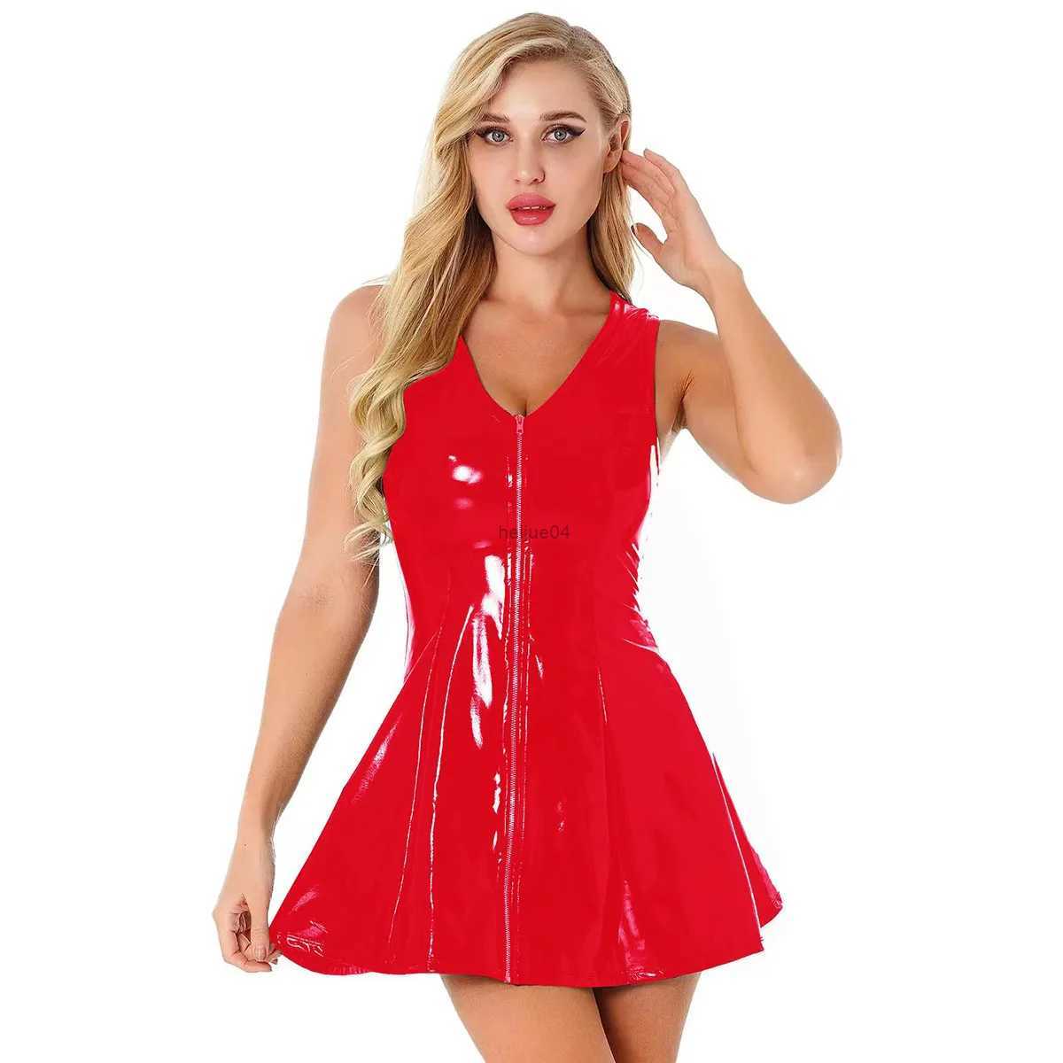Sexy Set Plus Size Women Glossy Tank Leather Dress Sleeveless Shiny Latex Pleated Umbrella Skirt Hot Porn Zipper Open Breast Exposing