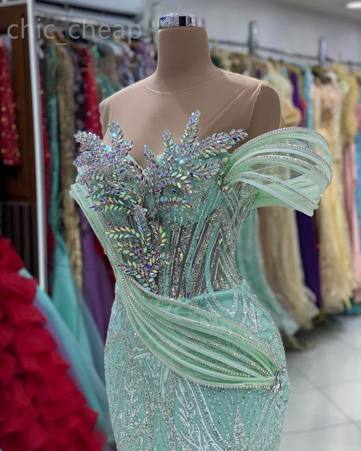 2024 Aso Ebi Mint Mermaid Prom Dress Beaded Crystals Sequined Lace Evening Formal Party Second Reception Birthday Engagement Gowns Dresses Robe De Soi