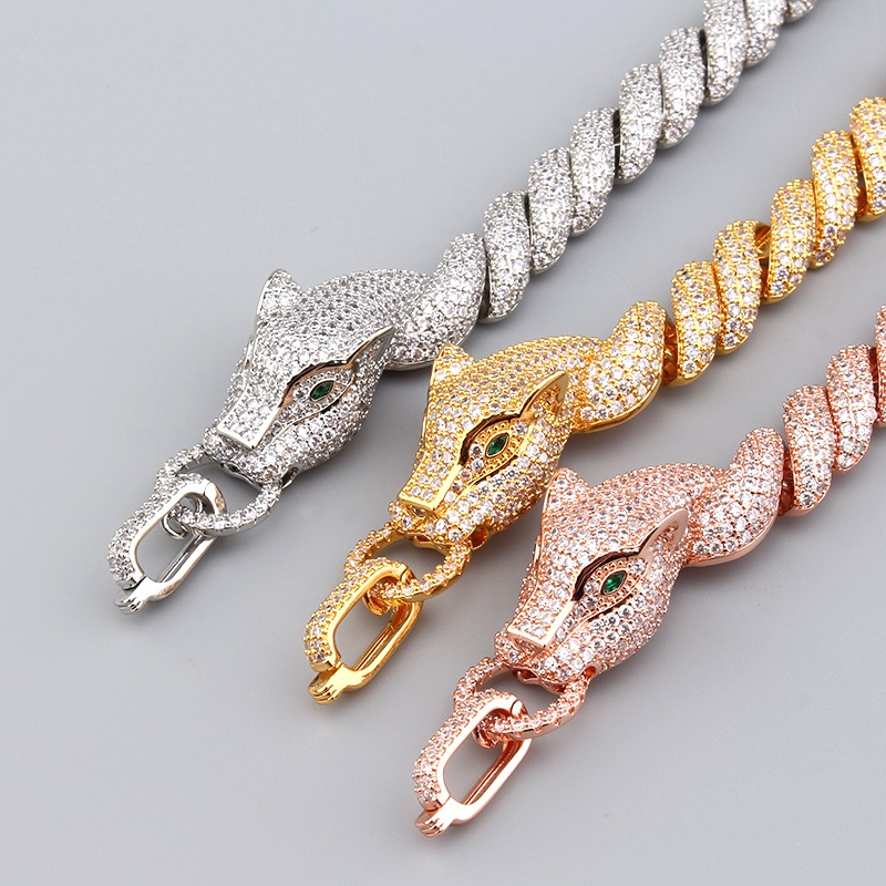 Vintage Rugged Personalized Leopard Thick Chain Necklace Bracelet Full Diamond Earrings Ring Set for Men and Women Jewelry Hiphop Rock Punk Accessorie
