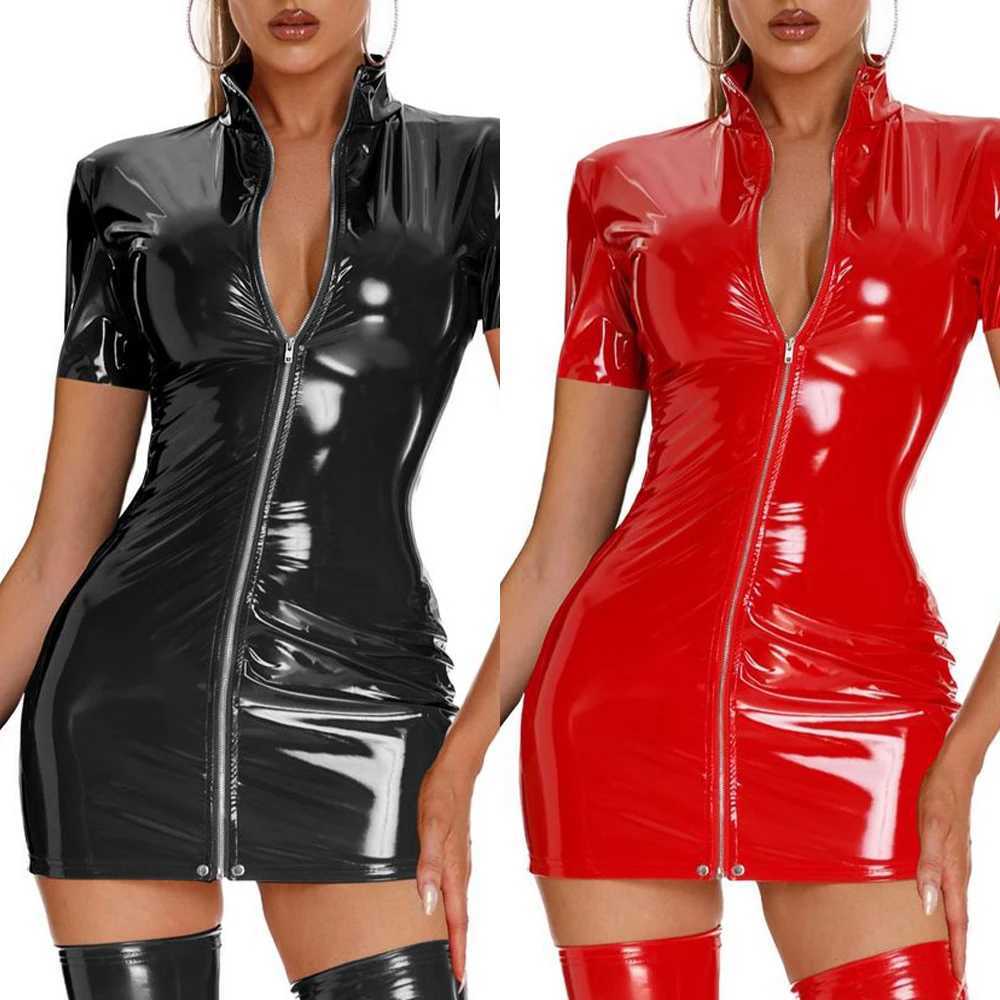 Sexy Set Sexy Woman Wet Look Latex Leather Short Dresses Shiny Zip Up Short Sleeve Bodycon Party-Clubwear Mini Dress Women Clothing