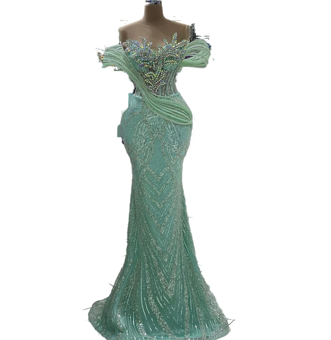 2024 Aso Ebi Mint Mermaid Prom Dress Beaded Crystals Sequined Lace Evening Formal Party Second Reception Birthday Engagement Gowns Dresses Robe De Soi