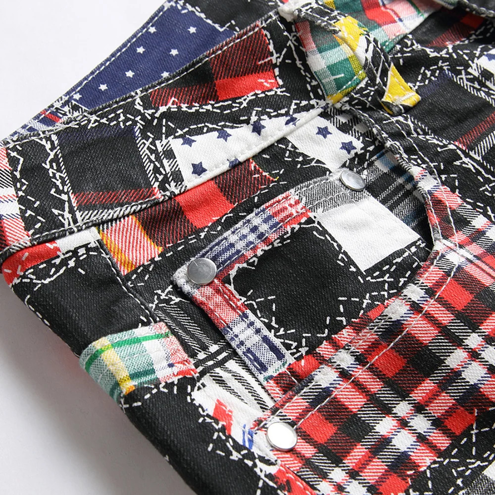 Men Plaid Digital Print Jeans Fashion Patches Patchwork Stretch Denim Pants Slim Straight Trousers 240124