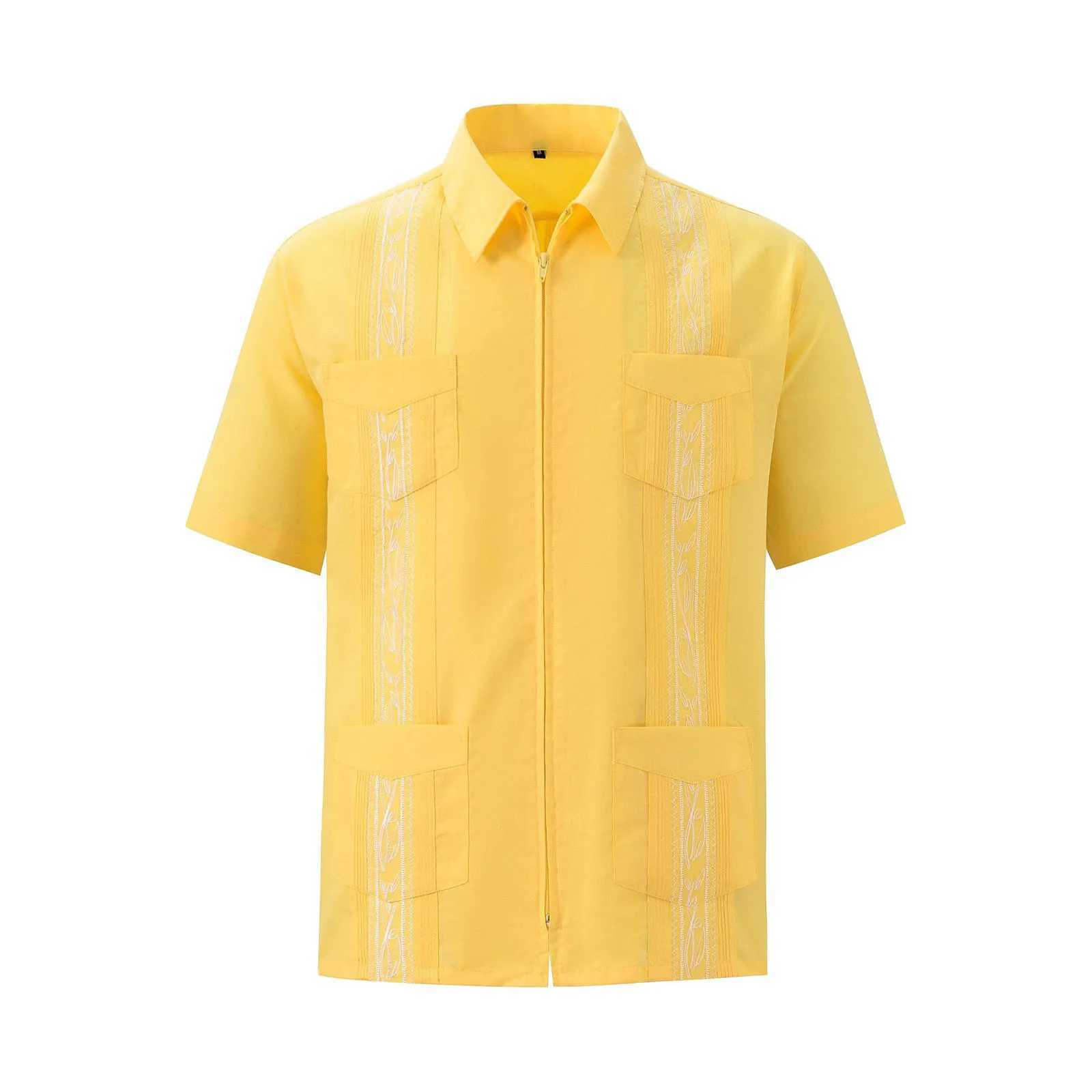 Men's Casual Shirts Men's Short Sleeve Cuban Guayabera Shirts Full Zip Front Mexican Shirt With Pocket Short Sleeve T Shirts for Men J240129