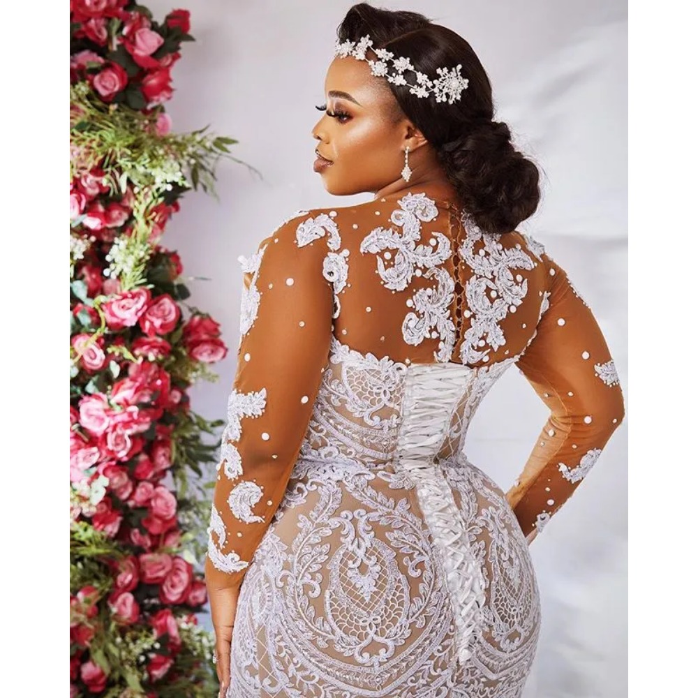 Stunningbride 2024 Plus Size Wedding Dresses Lace Applique Ruffles Tulle Sweep Train Mermaid Bridal Gowns South African Long Sleeve Custom