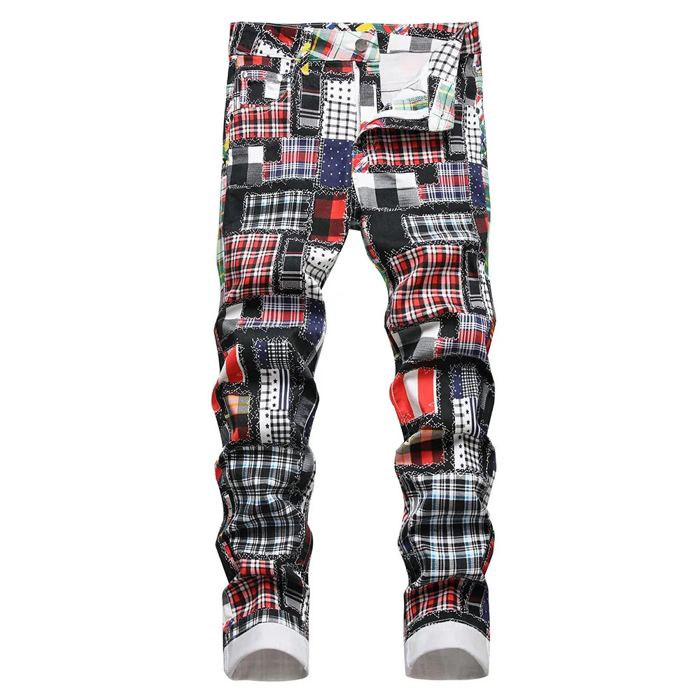 Men Plaid Digital Print Jeans Fashion Patches Patchwork Stretch Denim Pants Slim Straight Trousers 240124