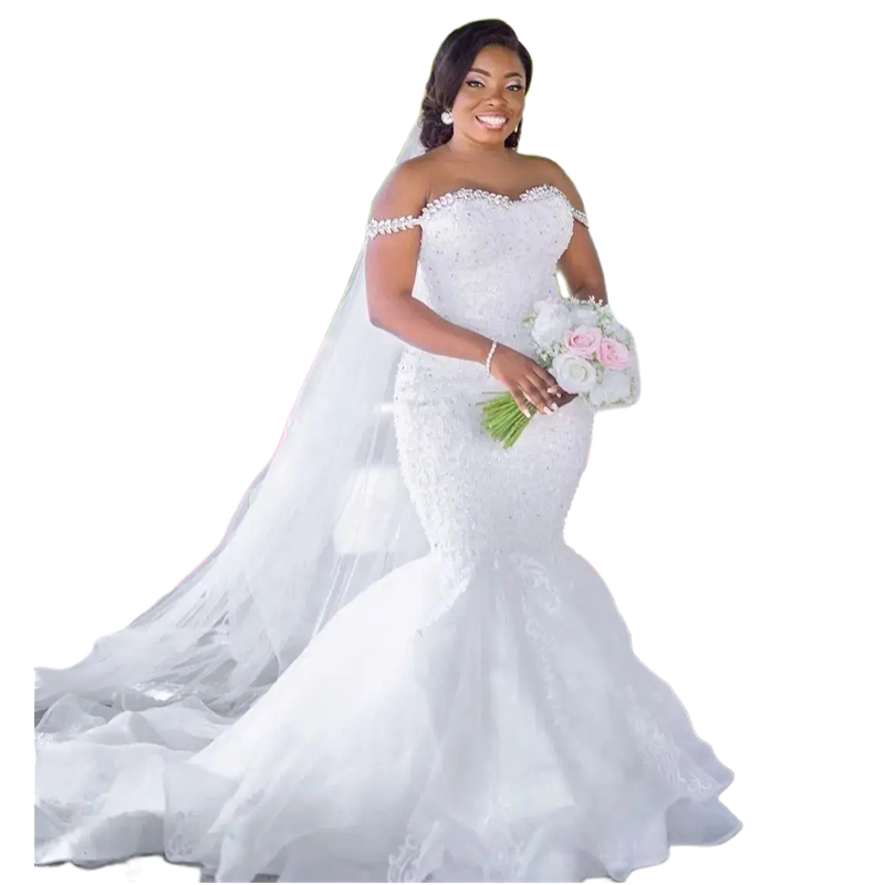 Gorgeous Lace Mermaid Wedding Dresses Crystal Beaded Off The Shoulder Long Plus Size Bridal Gowns Sleeveless Sweetheart White Elegant Bride Dress