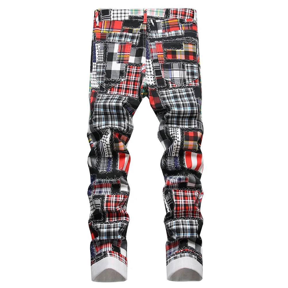 Men Plaid Digital Print Jeans Fashion Patches Patchwork Stretch Denim Pants Slim Straight Trousers 240124