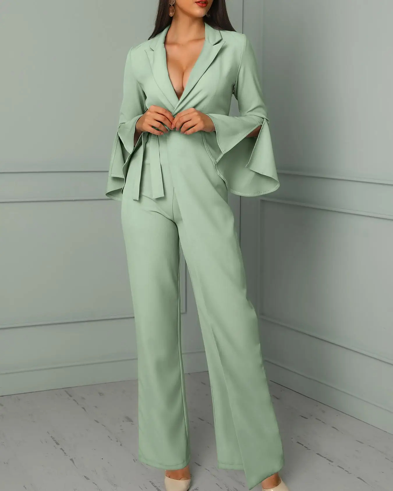Simple Women Jumpsuits Prom Dresses Suit V-Neck Long Sleeves Light Sky Blue Special Occasion Gowns Birthday Party Evening Wear