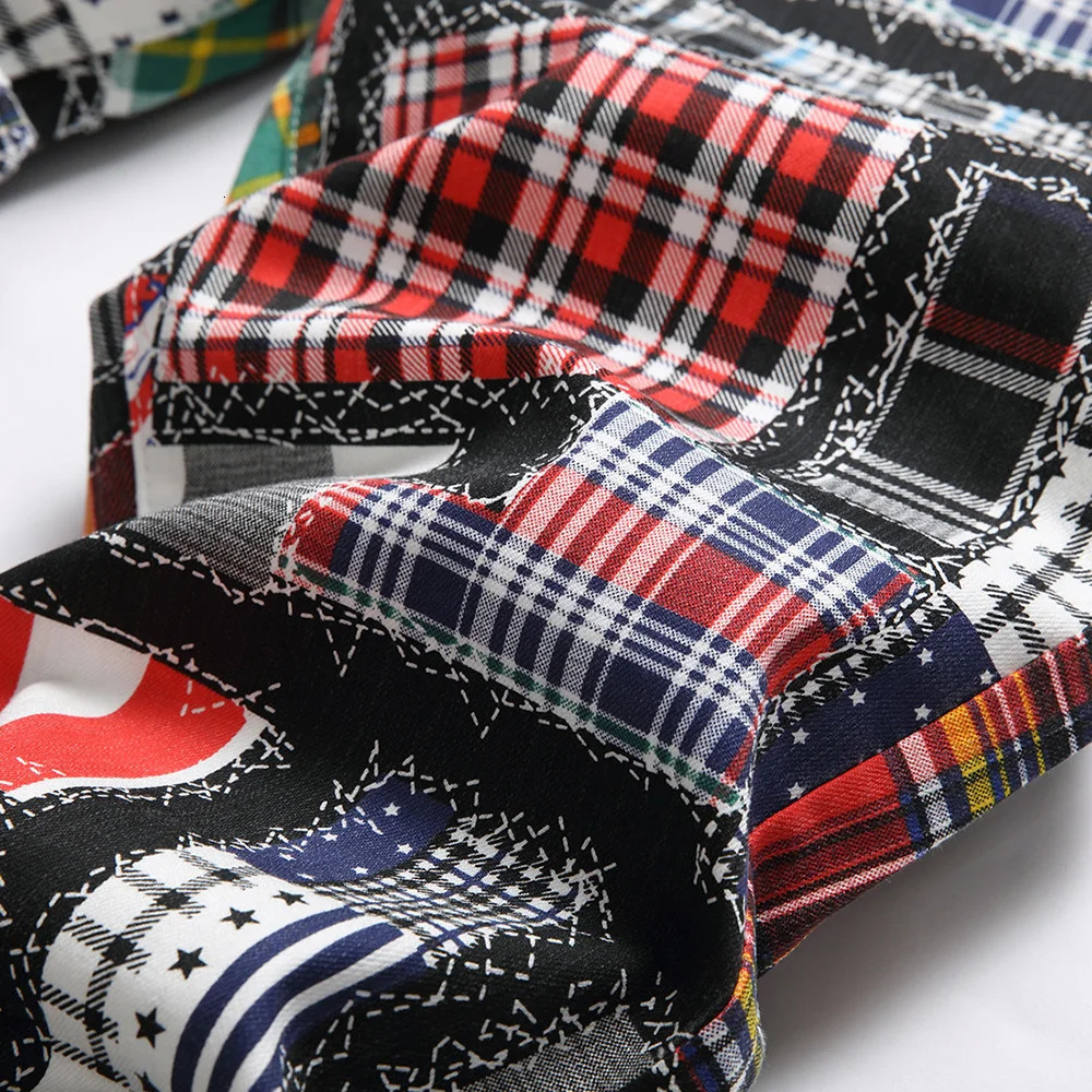 Men Plaid Digital Print Jeans Fashion Patches Patchwork Stretch Denim Pants Slim Straight Trousers 240124