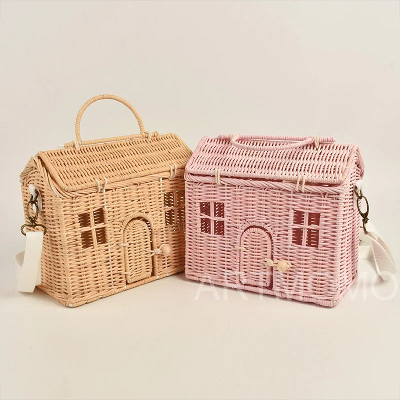 Creative House Shape Rattan Women Handbags Wicker Woven Shoulder Crossbody Bags Funny Summer Beach Straw Bag Handmade Travel Bag 240118