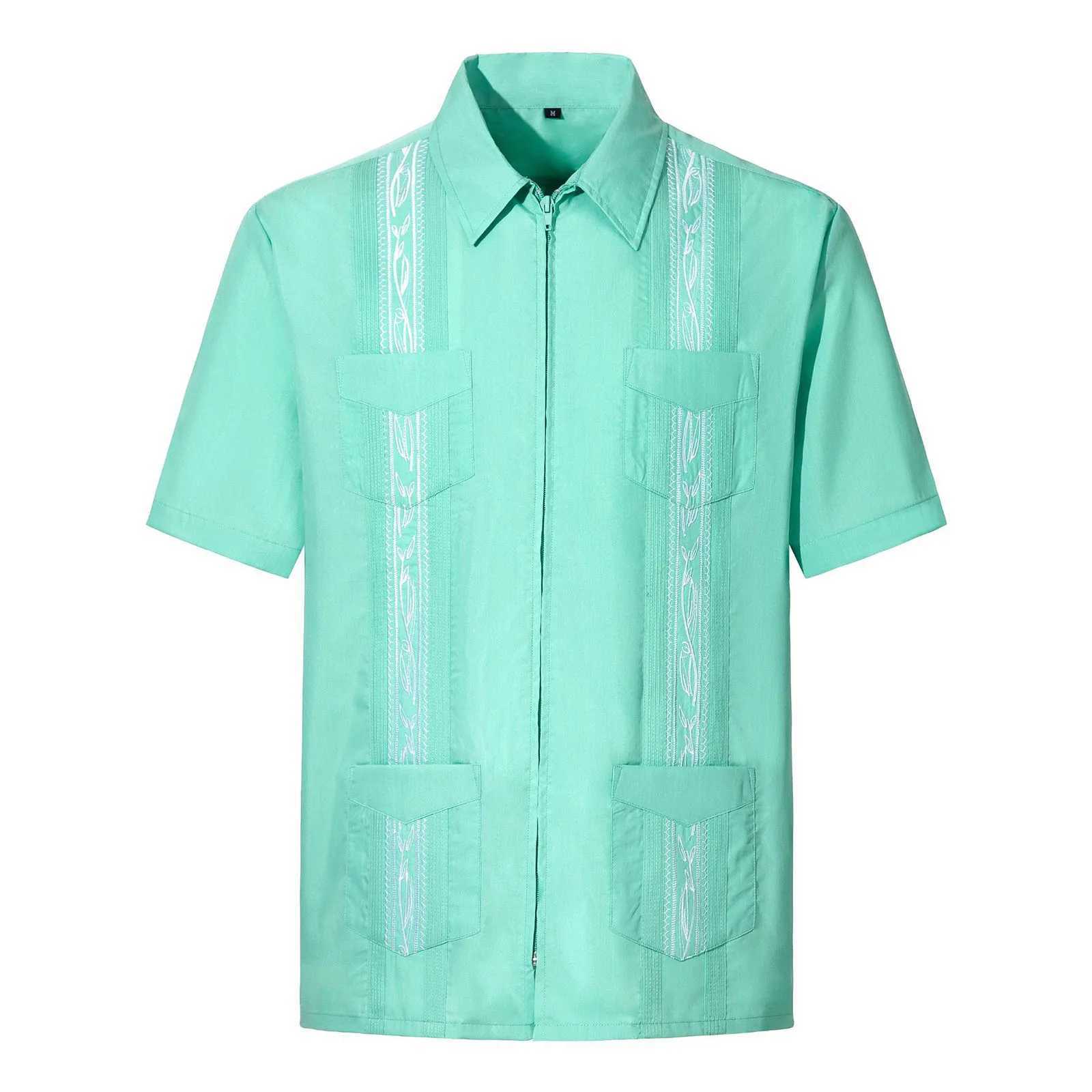 Men's Casual Shirts Men's Short Sleeve Cuban Guayabera Shirts Full Zip Front Mexican Shirt With Pocket Short Sleeve T Shirts for Men J240129