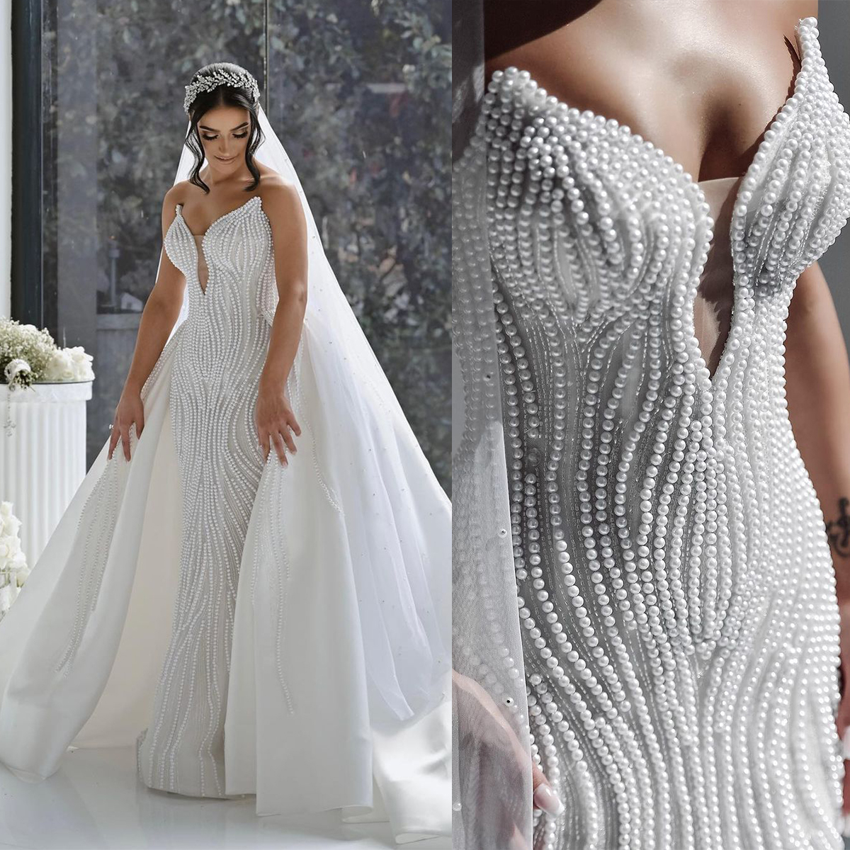 Exquisite Mermaid Wedding Dresses Sweetheart Whole Pearls Design Detachable Train Tulle Sleeveless Custom Made Plus Size Sexy Bridal Gown Vestidos De 