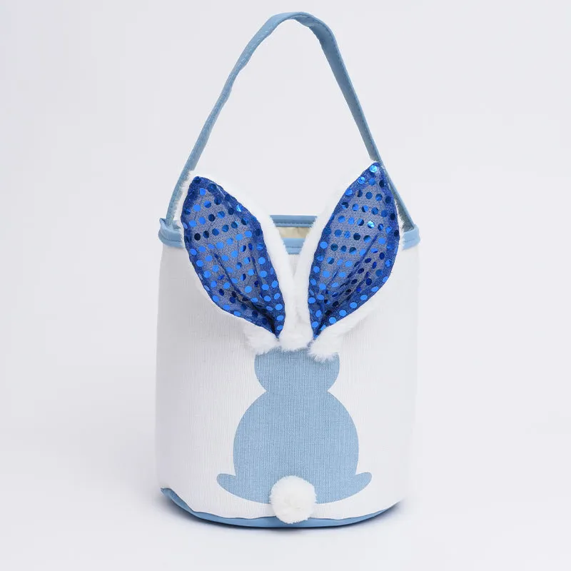 LED Light Flashing Sequin Bunny Easter Handbag Rabbit Egg Basket Hunt Bags Canvas Cotton Bucket Tote With Fluffy Tail For Kids Party Decoration Fy8648