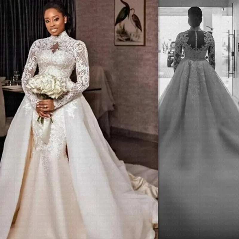 Plus Size Mermaid Wedding Dress Arabic Aso Ebi Sheer Neck High Bride Dress Long Sleeves Gowns Dresses African Arabic Charming Train Formal Bridal Gown