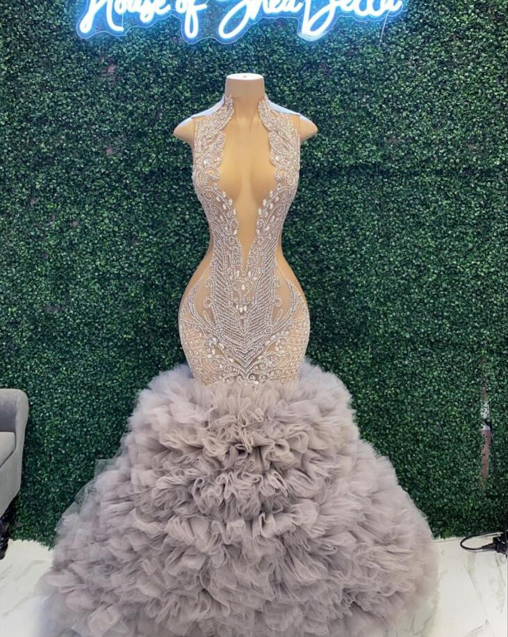 Silver Diamond Trumpet Evening Party Dresses for Women Sparkly Crystal Ruffles Black Girl Prom Birthday Gown vestidos de 15 anos