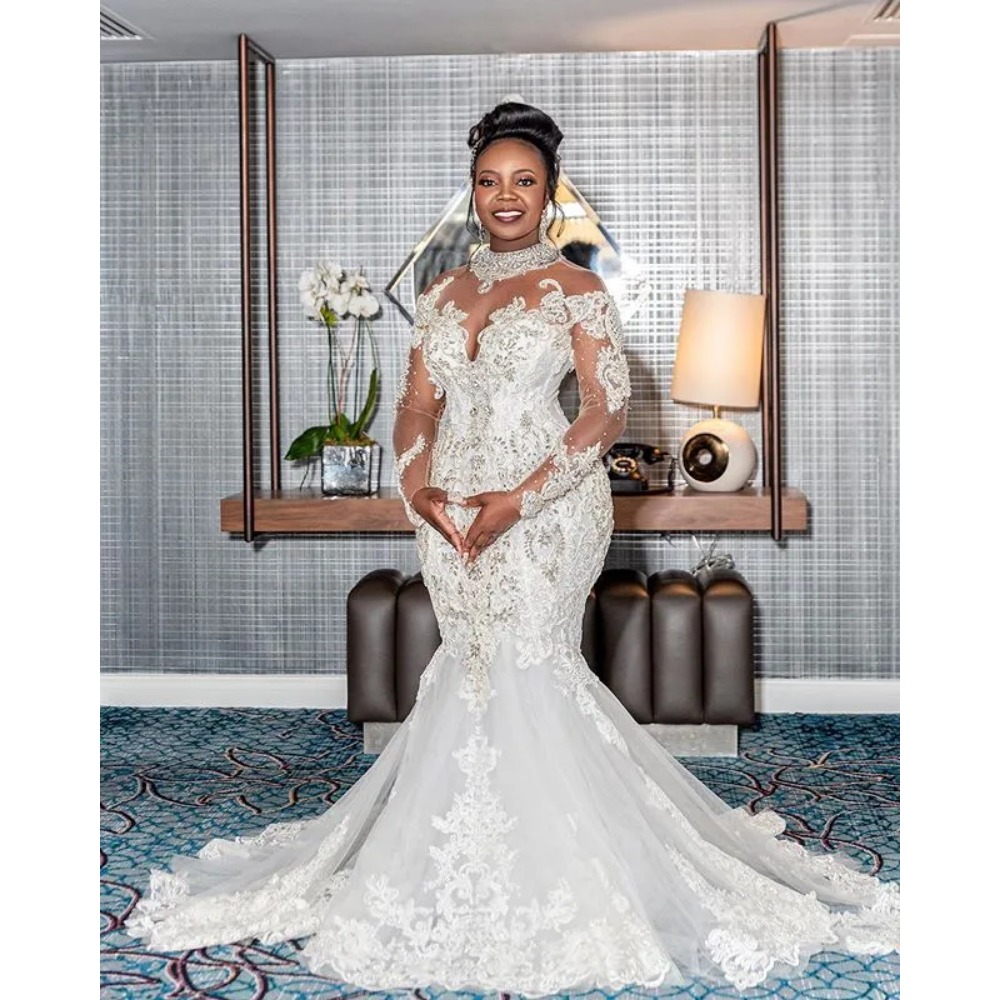 Stunningbride 2024 Plus Size Crystal Wedding Dresses Sheer Long Sleeves Lace Beaded Mermaid Bridal Wedding Gowns Elegant Bride Dress