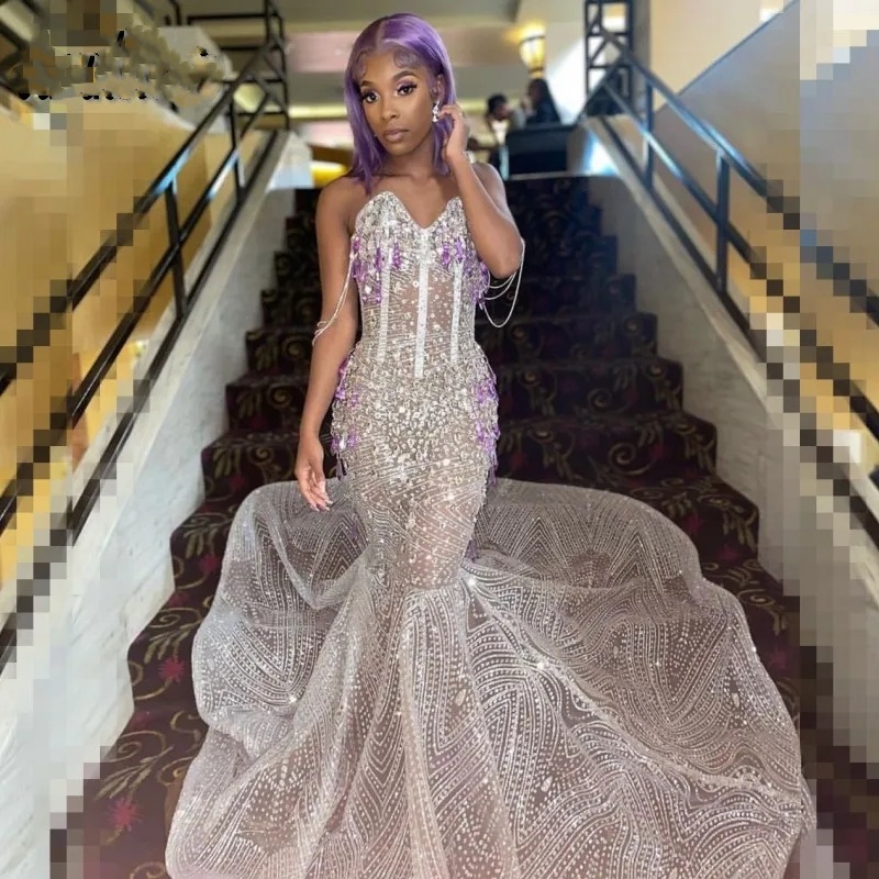 See Through Sexy Prom Dresses for Black Girls Crystal African Women Mermaid Party Gowns 2024 Sequin Vestidos De Festa 322