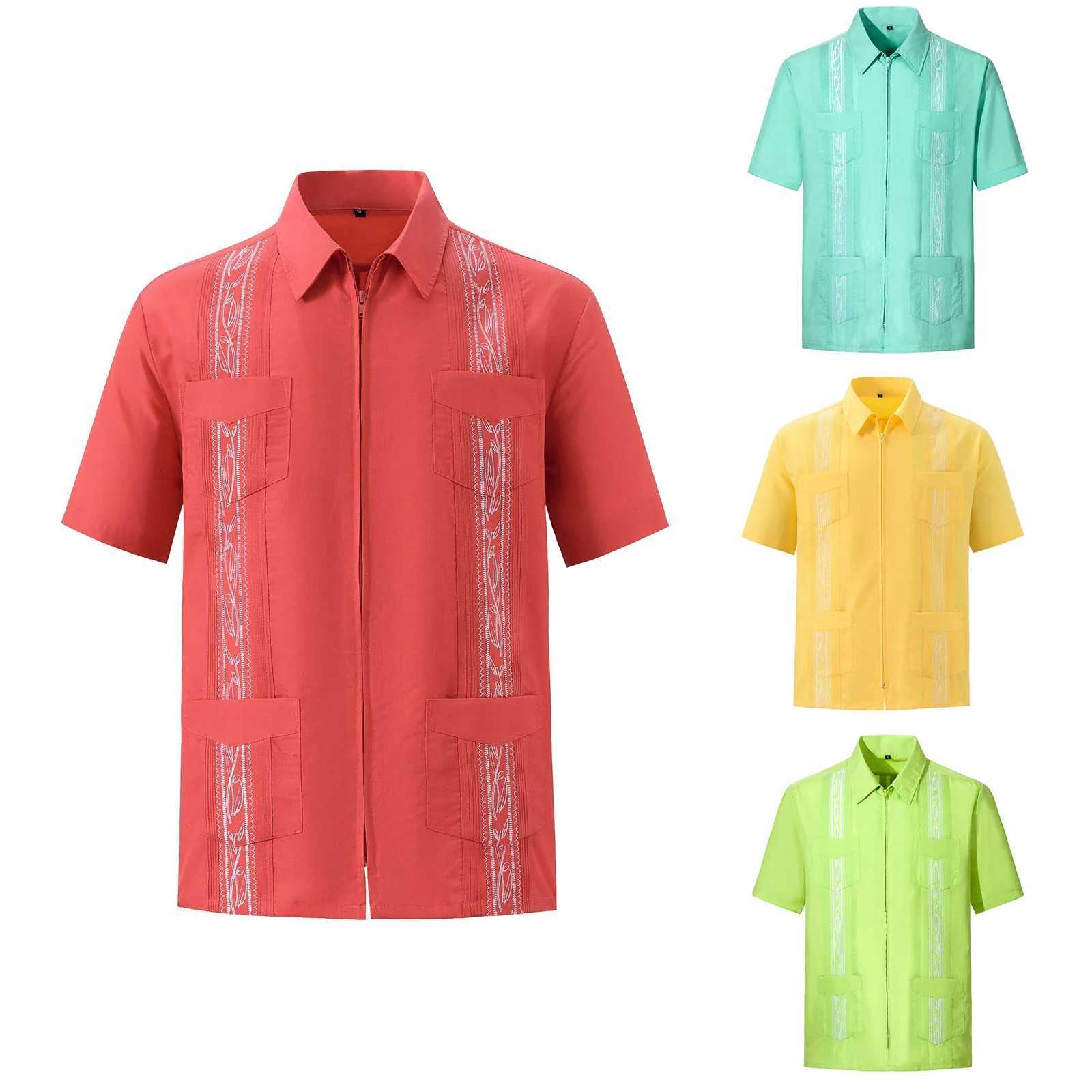 Men's Casual Shirts Men's Short Sleeve Cuban Guayabera Shirts Full Zip Front Mexican Shirt With Pocket Short Sleeve T Shirts for Men J240129