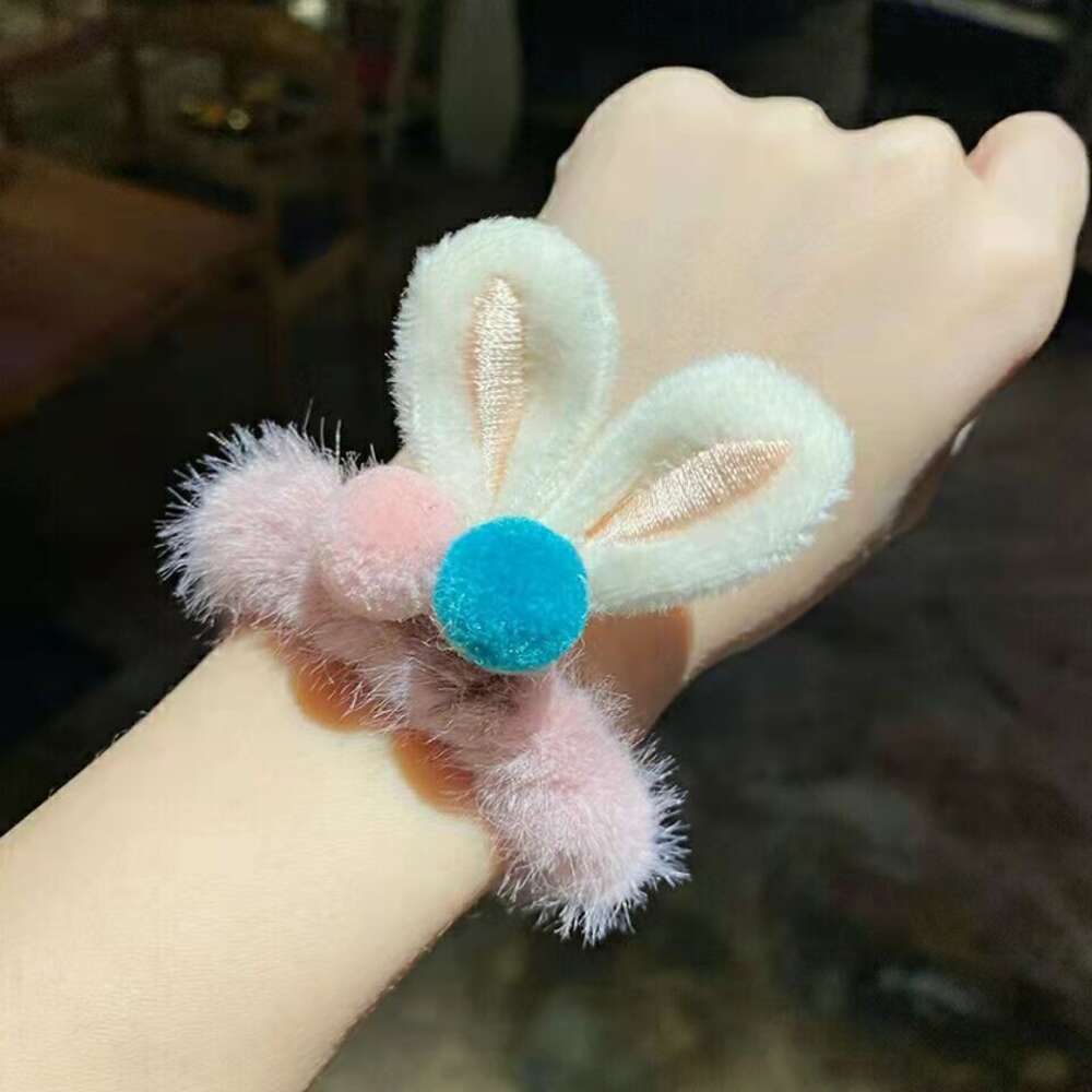 Autumn and Winter New Korean Cute Tie Hair Leather Plush Rabbit Ears Horsetail Head rope Children's High Elastic Hair Loop