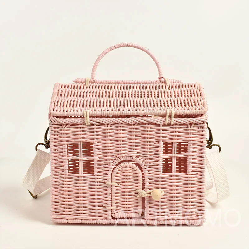 Creative House Shape Rattan Women Handbags Wicker Woven Shoulder Crossbody Bags Funny Summer Beach Straw Bag Handmade Travel Bag 240118