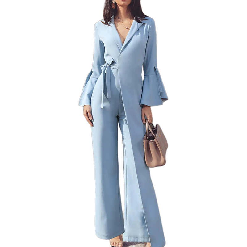 Simple Women Jumpsuits Prom Dresses Suit V-Neck Long Sleeves Light Sky Blue Special Occasion Gowns Birthday Party Evening Wear
