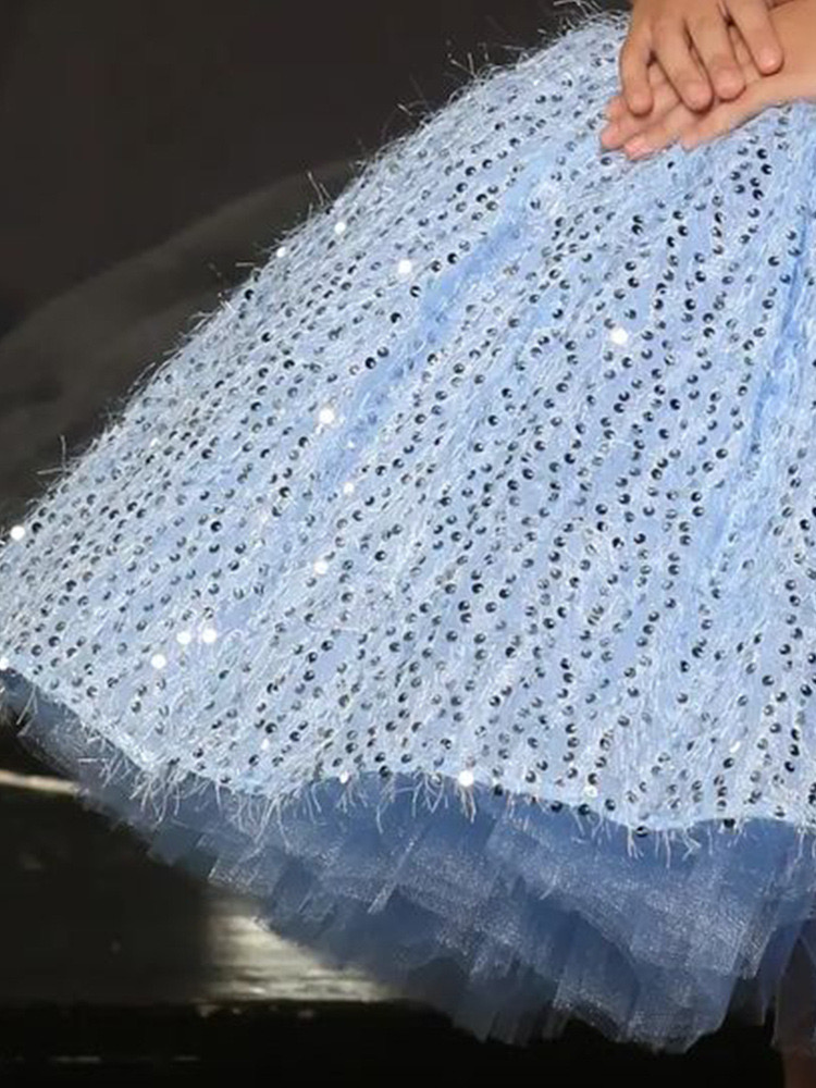 new Ball Gown Pearls Flower Girl Dresses For Wedding Light Sky Blue sequined Appliqued Pageant Gowns Floor Length Tulle feather tutu puffy First holy 