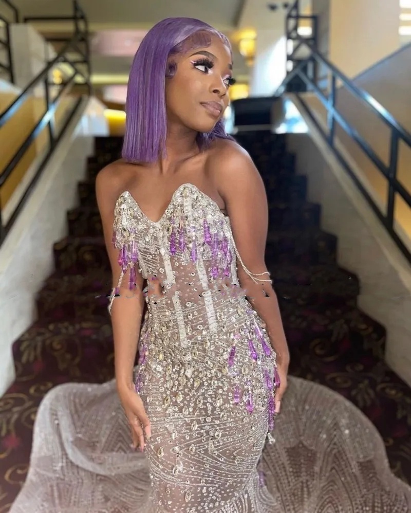 See Through Sexy Prom Dresses for Black Girls Crystal African Women Mermaid Party Gowns 2024 Sequin Vestidos De Festa 322