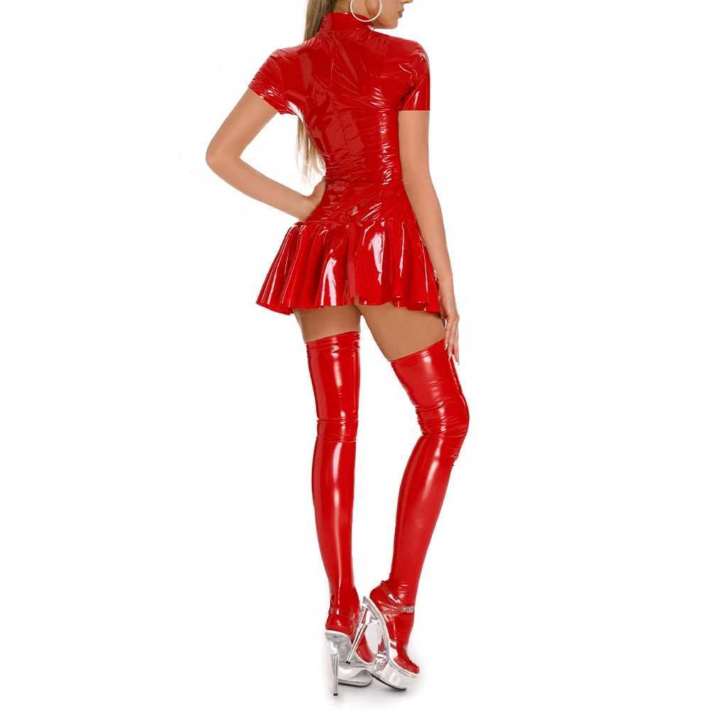 Sexy Set Women Sexy Wet Look Shiny PVC Leather Bodycon Short Dress Short Sleeve Pleated Nightdress Seductive Nightclub Wear Lingerie