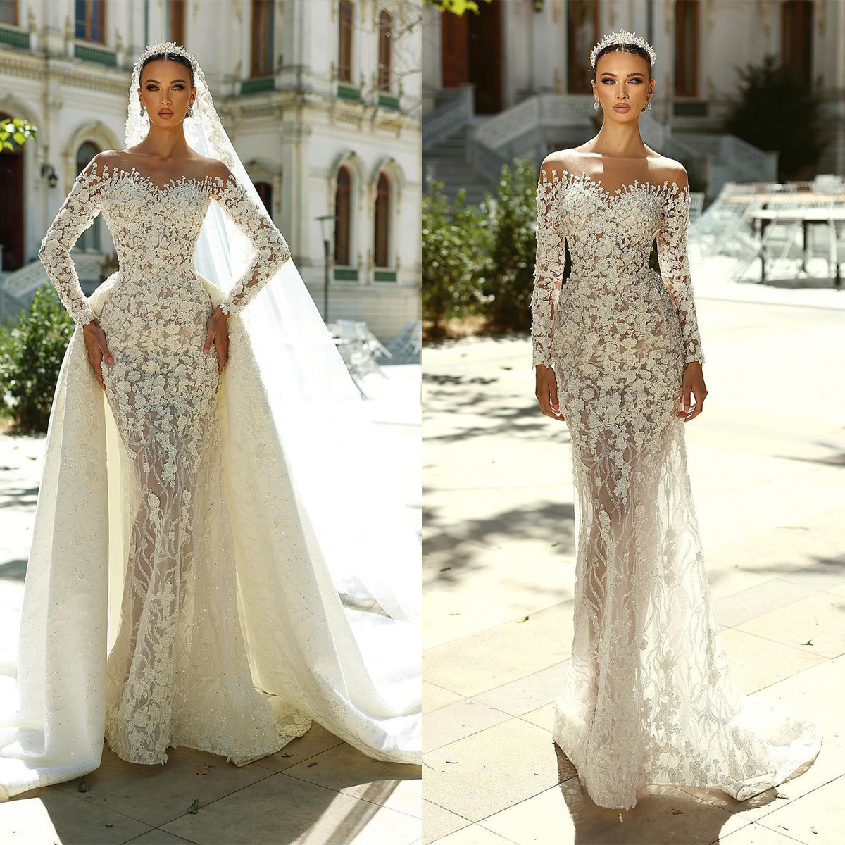 ful Off Shoulder Mermaid Wedding Lace Appliques Bridal Gowns with Overskirts Sequins Custom Made Illusion Bride Dresses