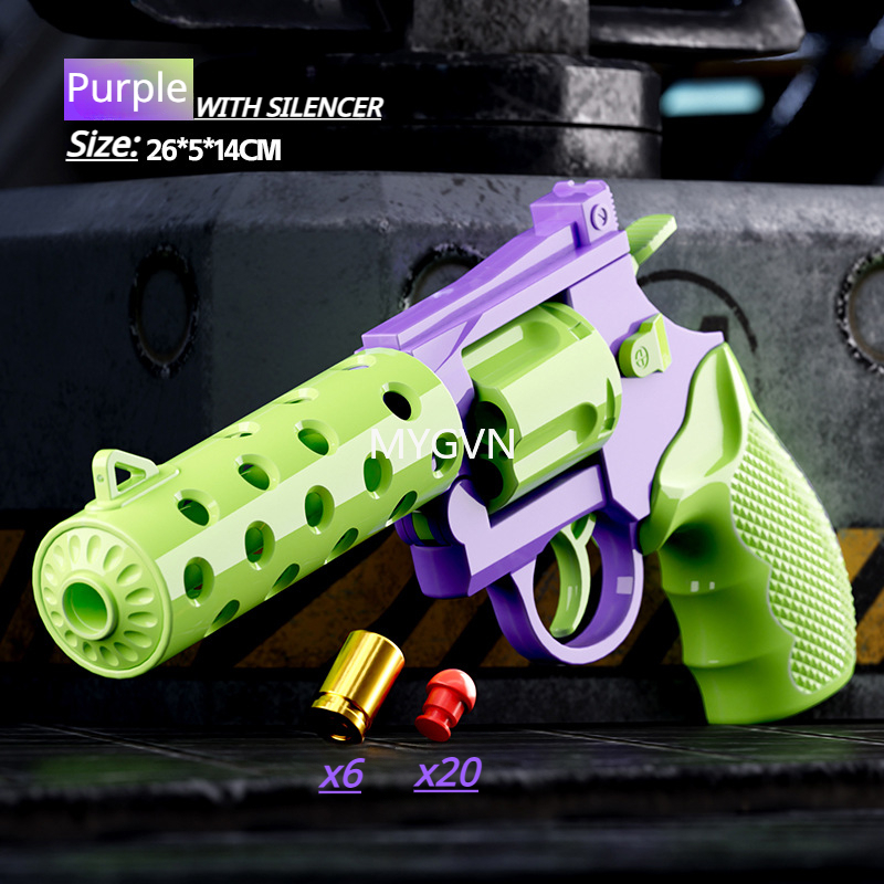 Revolver Soft Bullets Toy Gun Shell Ejection Pistol Manual Continuous Firing with Silencer Fake Gun Outdoor Cs Game Prop Birthday Gifts