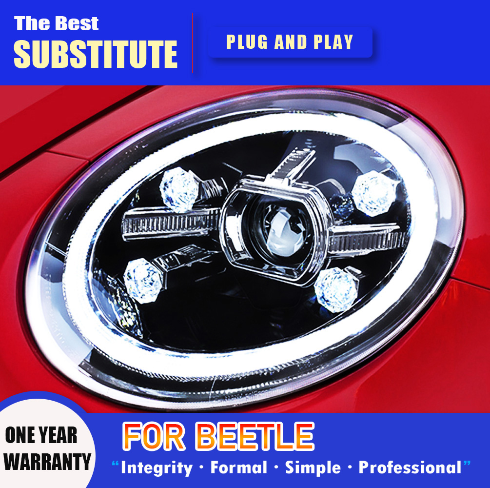 For VW Beetle LED Headlight Assembly 13-21 DRL Daytime Running Light Streamer Turn Signal Indicator High Beam Angel Eye Projector Lens