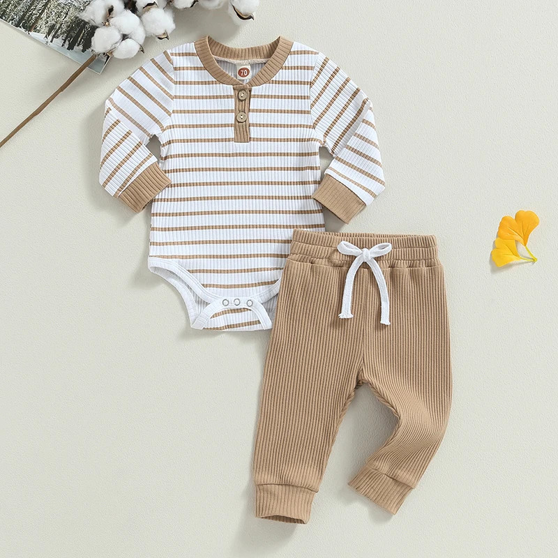 Citgeett Autumn Infant Baby Boy Fall Outfits Long Sleeve Striped Print Romper Pants Set Warm Clothes 240127