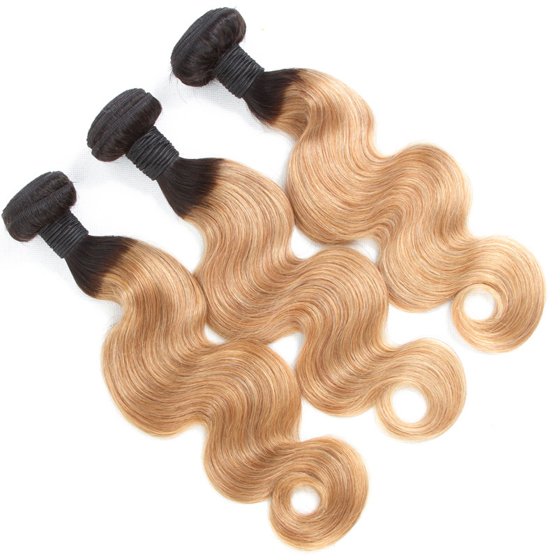Ombre 1B/27 Brazilian Human Remy Virgin Body Wave Hair Weaves 100G/Bundle Double Wefts 3Bundles/Lot