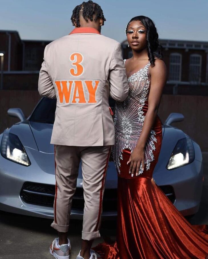 Pumpkin Velvet Mermaid Prom Ceremony Dresses for Black Girl Sparkly Diamond Crystal Evening Birthday Gown vestido de gala