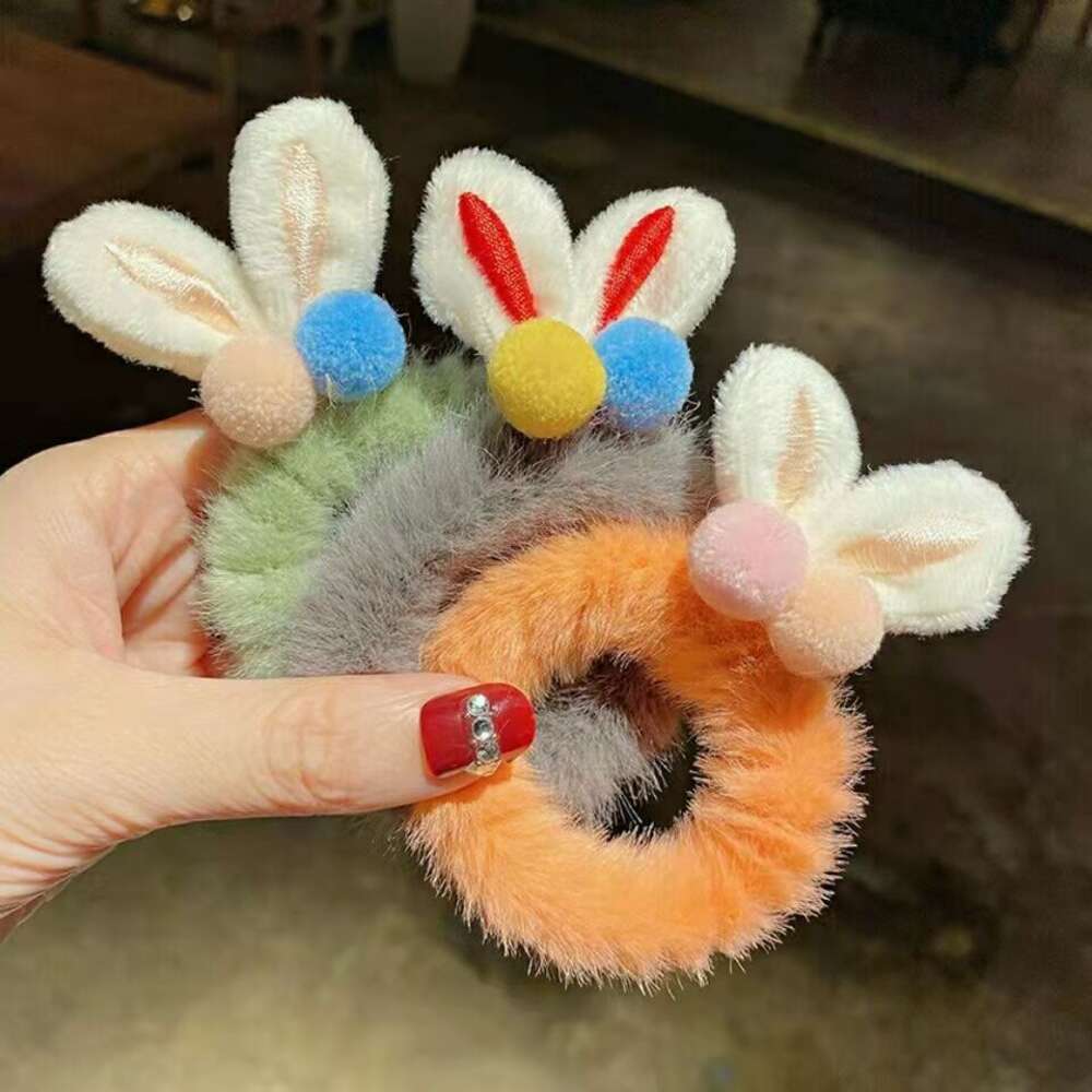 Autumn and Winter New Korean Cute Tie Hair Leather Plush Rabbit Ears Horsetail Head rope Children's High Elastic Hair Loop