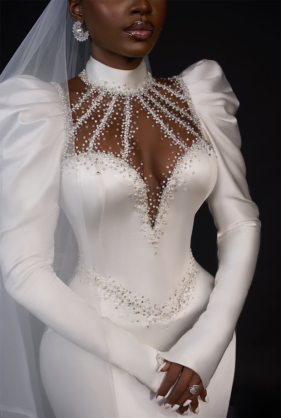 Arabic Aso Ebi Vintage 2024 Africa White Mermaid Wedding Dresses for Bride High Collar Long Puff Sleeve See Through Beading Garden Stain Muslim Bridal