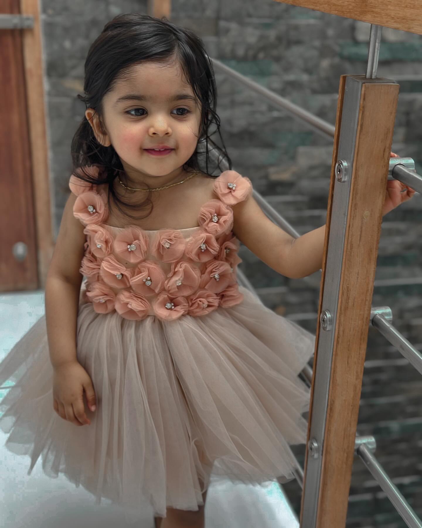 2024 Champagne Knee Length Flower Girl Dresses Ball Gown Tulle Flowers Crystals Little Girl Christmas Peageant Birthday Christening Tutu Dress Gowns Z