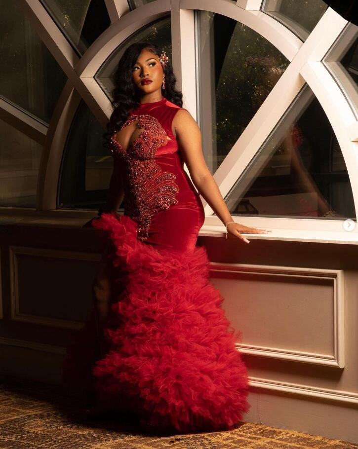 Red Velvet Sparkly Mermaid Prom Formal Dresses for Women Luxury Diamond Ruffles Evening Ceremony Gown Gala Black Girl