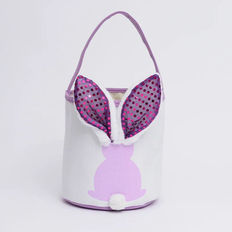 LED Light Flashing Sequin Bunny Easter Handbag Rabbit Egg Basket Hunt Bags Canvas Cotton Bucket Tote With Fluffy Tail For Kids Party Decoration Fy8648