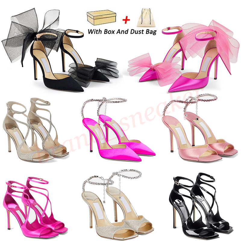 With BOX Luxury Women Shoe Jimmy Choo High Heels Sandals Women Heel Pumps Sandal[code ：L]With Asymmetric Grosgrain Mesh Fascinator Bows Wedding D