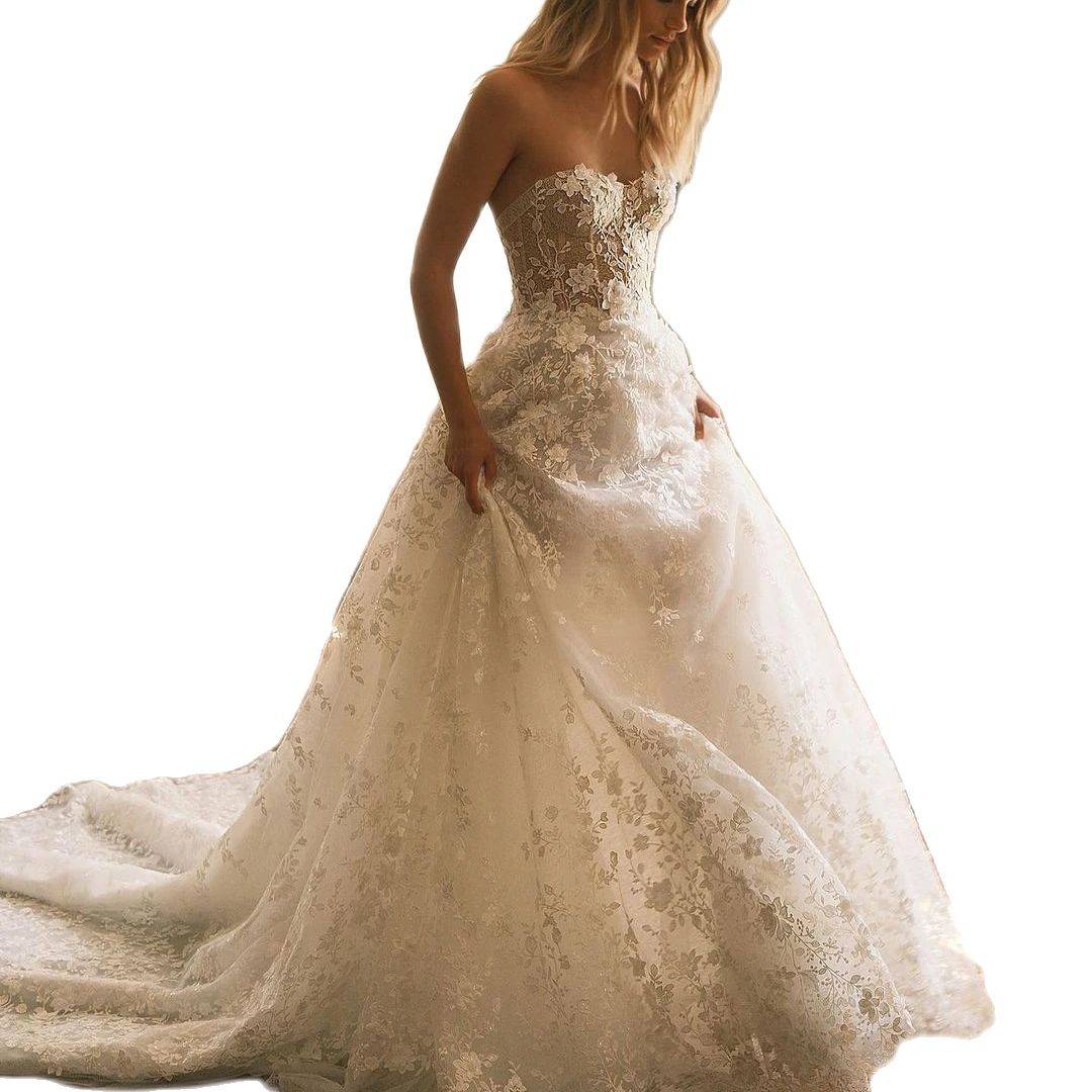 Beach A Line Wedding Dresses Sweetheart Lace Appliques Robe De Soiree Zipper Back Long Boho Brdial Gowns
