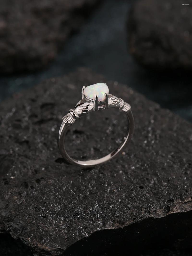 Cluster Rings Adorable Sterling Sier Women's Ring With Heart-shape Opal And Zircon Decoration Simple Lovely Style For Daily Or As A