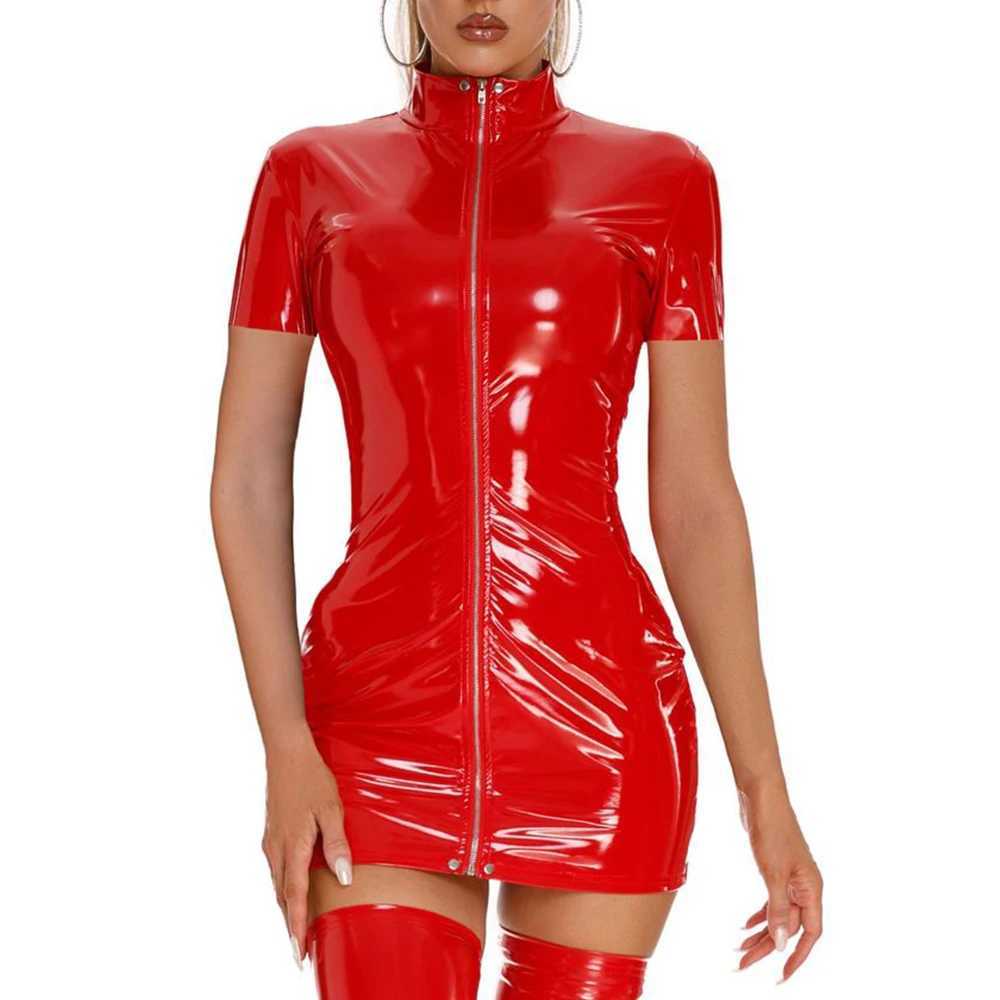 Sexy Set Sexy Woman Wet Look Latex Leather Short Dresses Shiny Zip Up Short Sleeve Bodycon Party-Clubwear Mini Dress Women Clothing