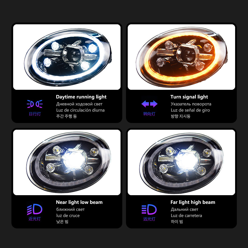 For VW Beetle LED Headlight Assembly 13-21 DRL Daytime Running Light Streamer Turn Signal Indicator High Beam Angel Eye Projector Lens