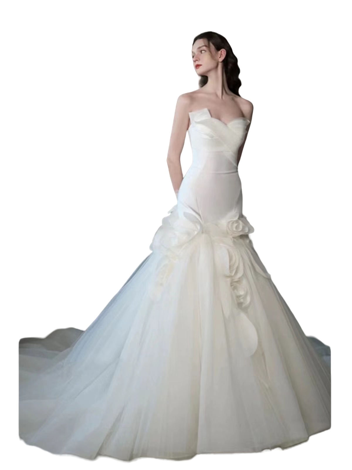 3D flowers satin Wedding Dresses Fabulous Pleated Off The Shoulder Neckline Bridal Gowns With tulle sweep Train lace up elegant Satin Vestido De Novia