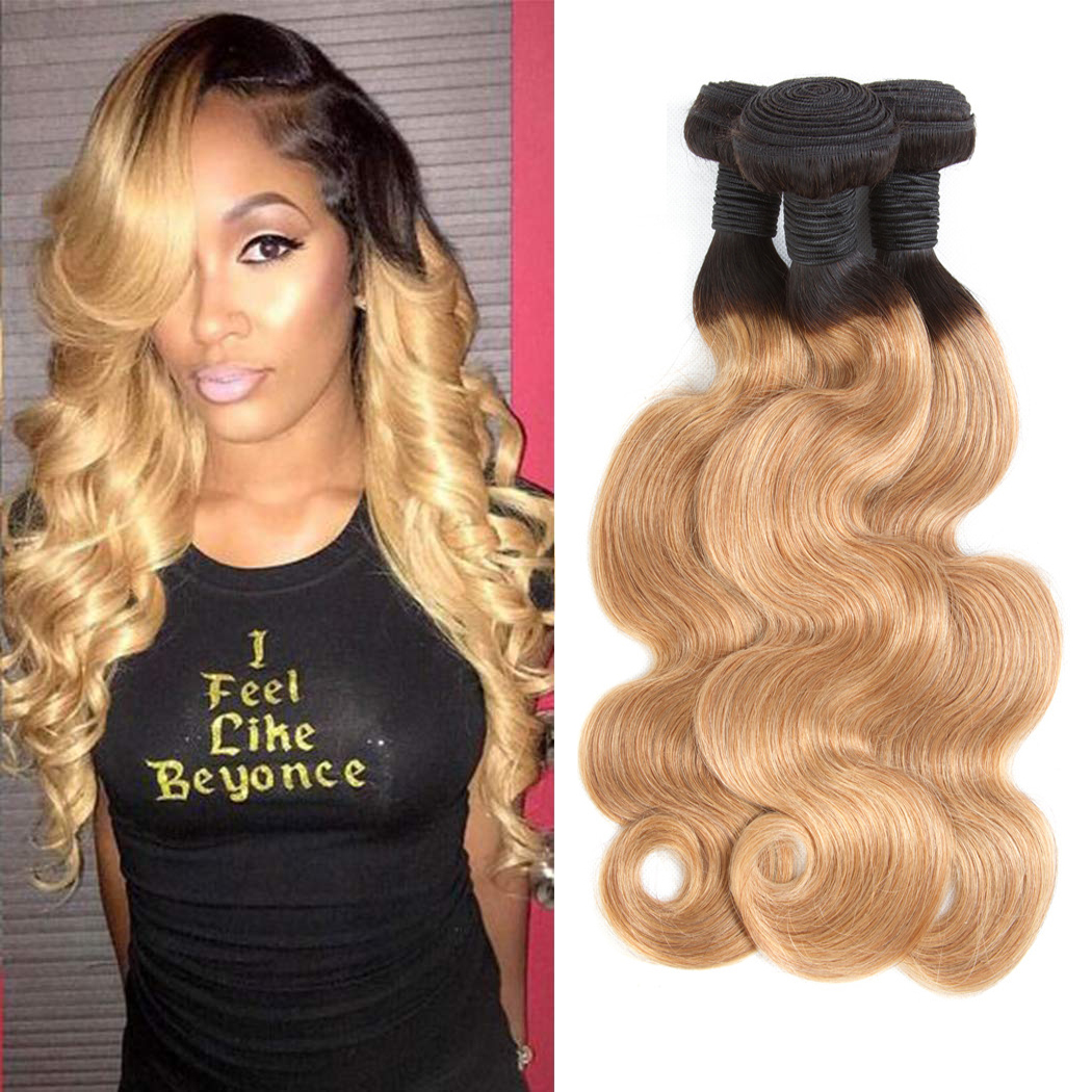 Ombre 1B/27 Brazilian Human Remy Virgin Body Wave Hair Weaves 100G/Bundle Double Wefts 3Bundles/Lot